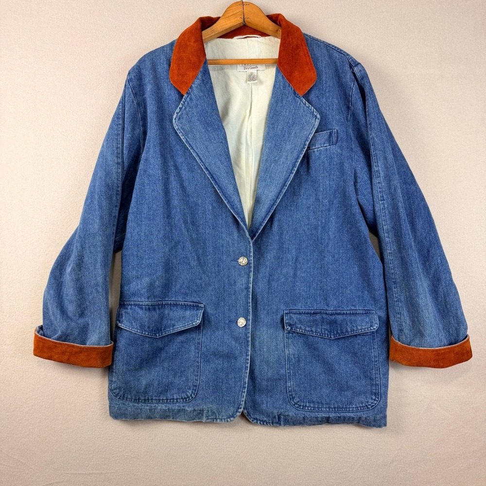 Cambridge Dry Goods Vintage Denim Blazer Suede Collar Lined Liberty CoinButton L
